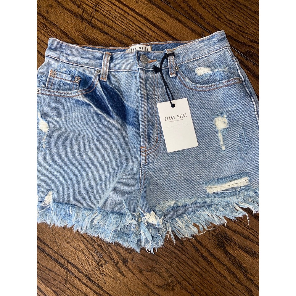 Blank Paige Maddie Distressed Denim Shorts Light Wash Blue Button Fly Small NEW